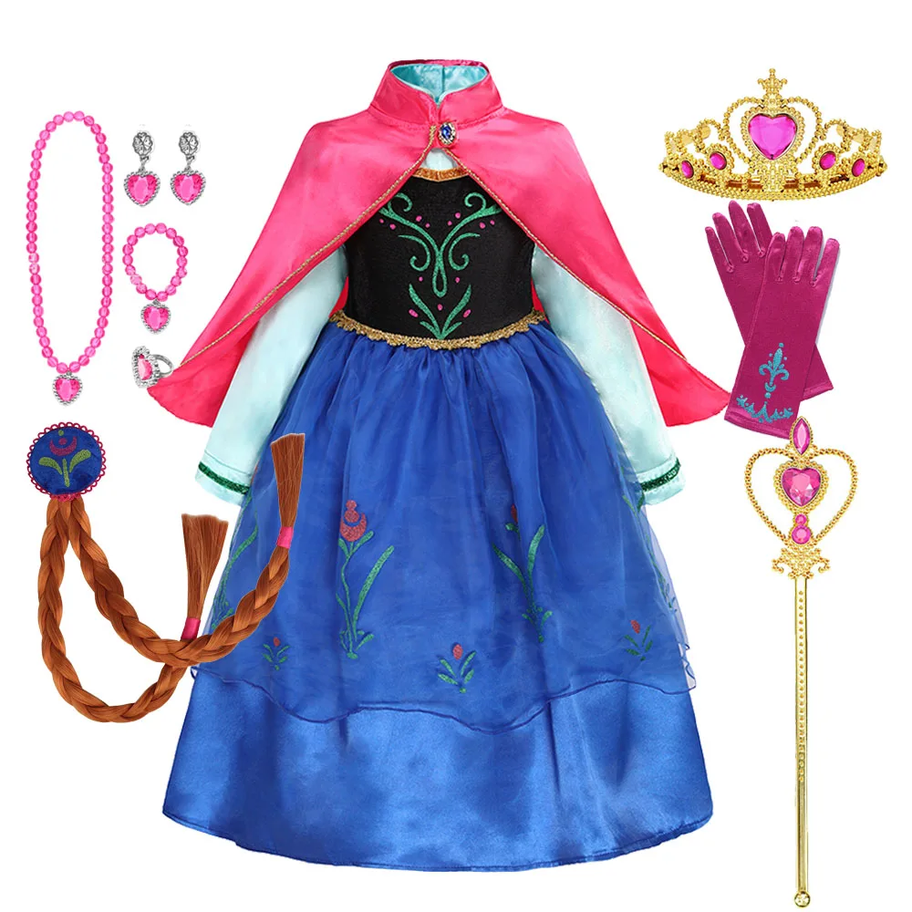 Anna Girls Princess Dress With Cloak Girls Halloween Carnival Vestidos Party For 2-10 Years Kids Cosplay Children Costume