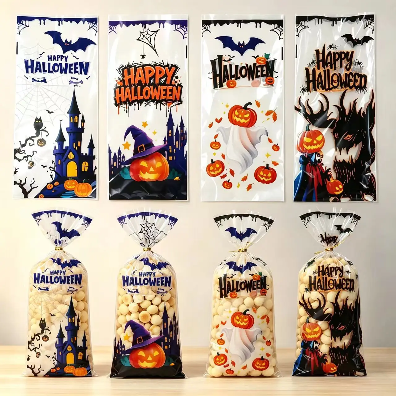Halloween Clear Plastic Treat Bags Haunted Castle Pumpkin Ghost Bat Print Twist Tie Candy Cookie Pouches Kids Trick Or Treat Hol