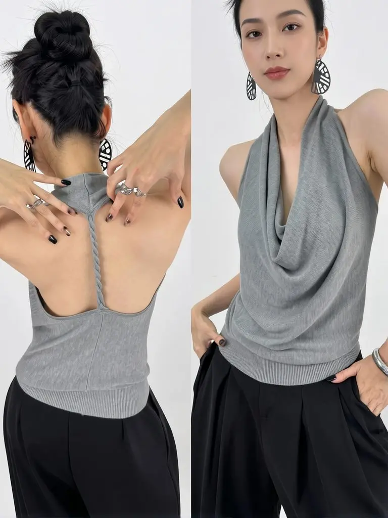 Elegantes Sommer-Top für Damen mit Wasserfallausschnitt, Ärmelloses Neckholder-Top, Spitzenbesetztes Eisseide-Strick-Oberteil, Rückenfreies Sexy Basic T-Shirt Bluse