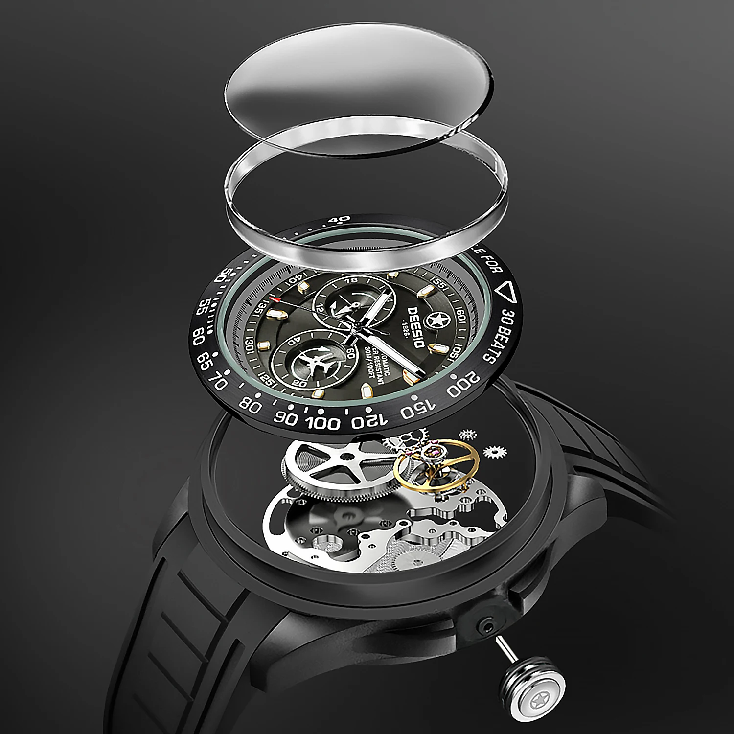Deesio relógio mecânico automático masculino, caixa de fibra de carbono, mostrador luminoso de safira, presente de luxo à prova de choque resistente à água 30m