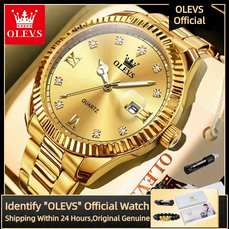 ساعة OLEVS-ساعة كلاسيكية ذهبية من الفولاذ المقاوم للصدأ للرجال ، كوارتز ، عمل ، علامة تجارية فاخرة ، أصلية ، تاريخ ، من OLEVS