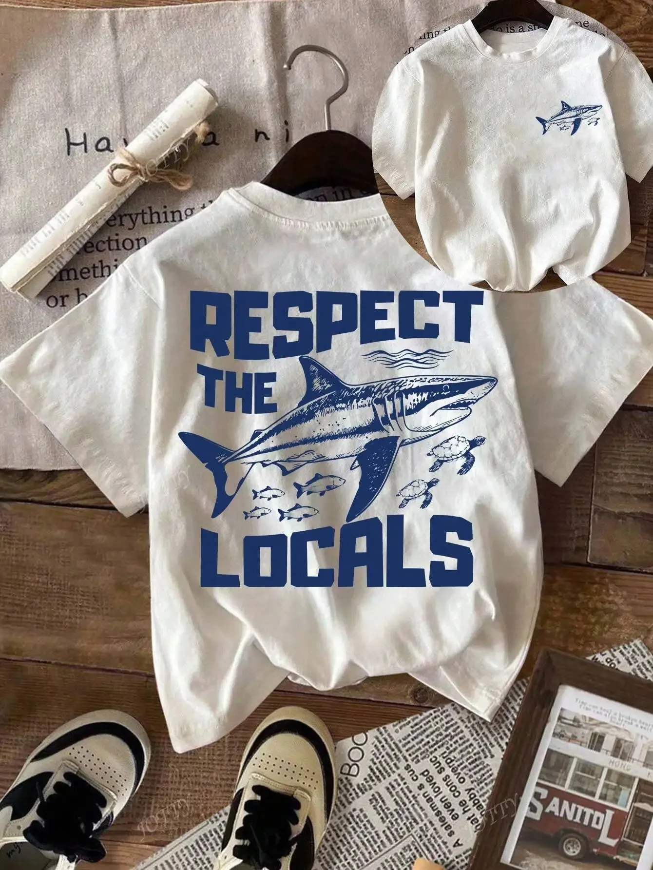 T-shirt à manches courtes avec motif requin Respect The Locals pour hommes, femmes et enfants, décontracté, thème vie marine, assorti pour la famille, unisexe