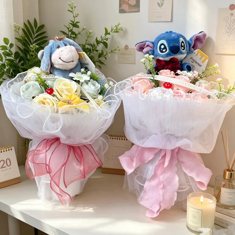 Classic Anime Genuine Stitch Winnie Plush Dolls With Arfiticial Flowes Creative Handmade Bouquets Perfect Gifts For Christmas