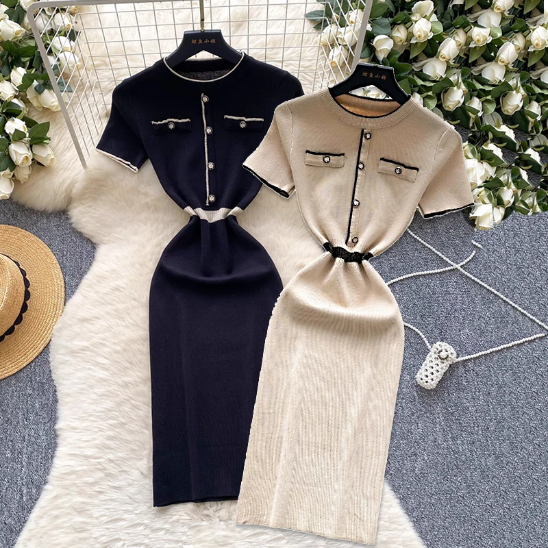 جديد الربيع الصيف مثير قصيرة الأكمام محبوك اللباس غمد عالية الخصر Bodycon تنورة كتلة اللون تصميم فساتين الكورية البسيطة