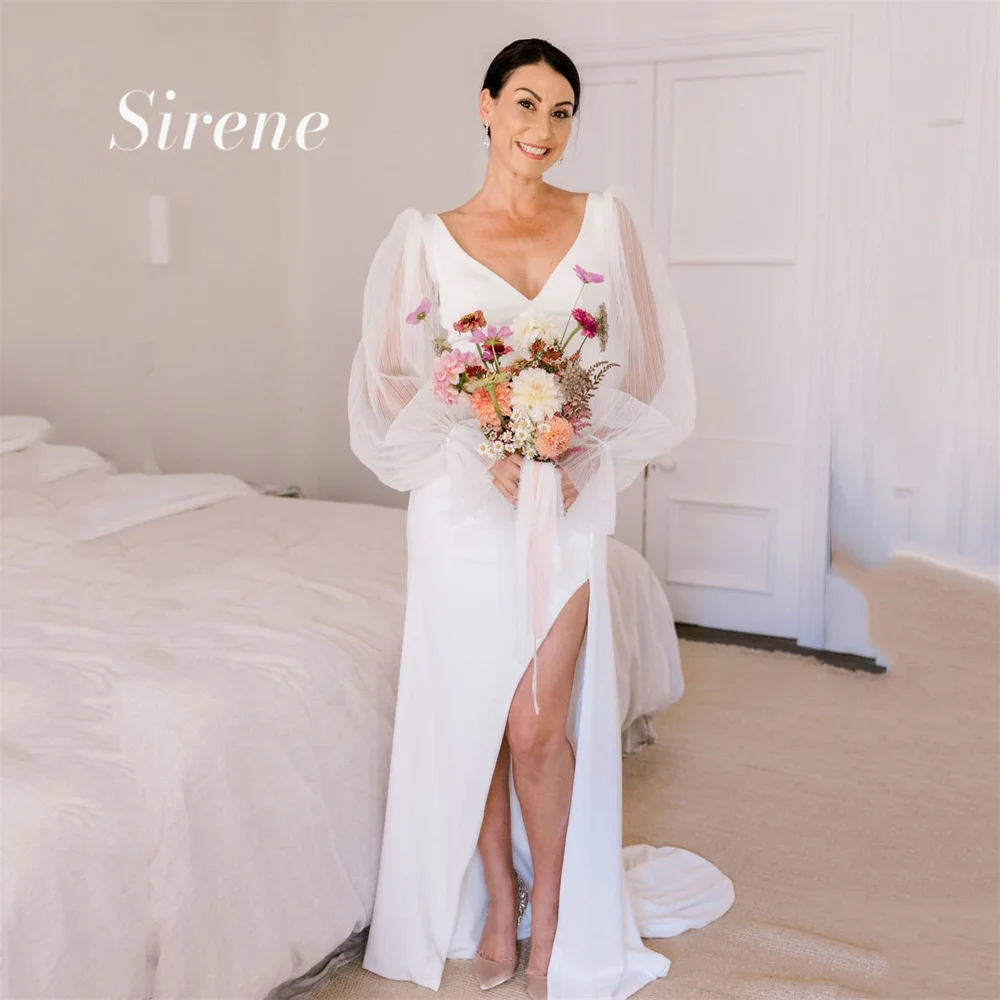 Sirene-Vestido de Noiva Longo Puffy Manga, Simples Decote V, Sem Costas, Lantejoula, Até o Chão, Vestido De Noiva, Lado Alto, Mancha Prateada