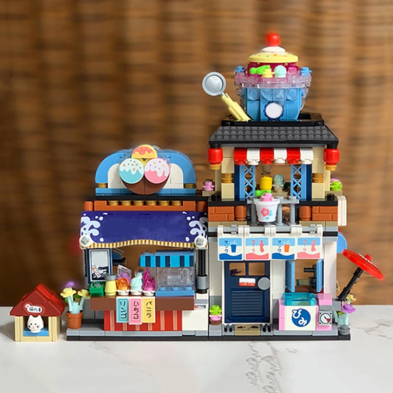 Mini Building Blocks City Street Scene Ice Cream Shop Restaurant House Model Toy Suitable for Home Decoration and Holiday Gifts