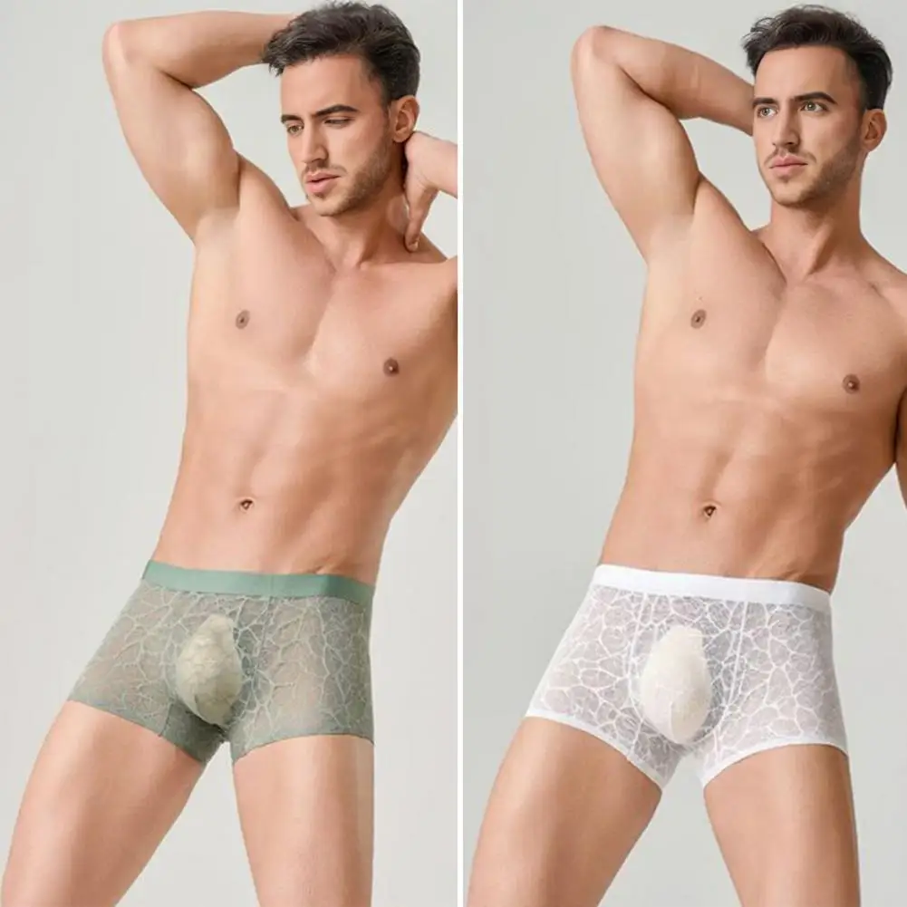 

For Daily Wear Sleep See Through Underwear Men Elastic Men's Transparent Lace Trim Boxers Sexy Convex Underwear