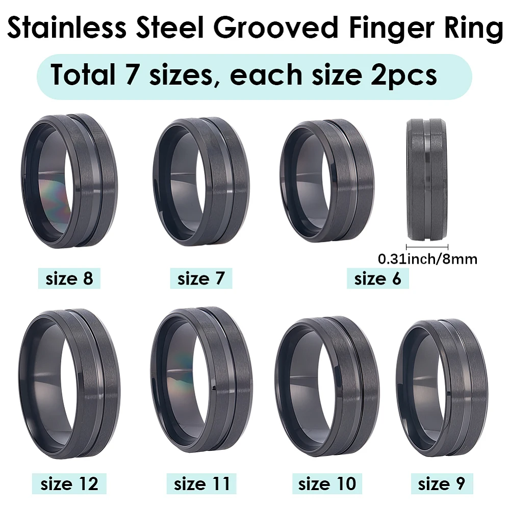 1 Box 7 Sizes 14Pcs Black Inlay Rings Grooved Finger Ring Bulk 8mm Wide Stainless Steel Metal Blanks Core Round Empty Resin