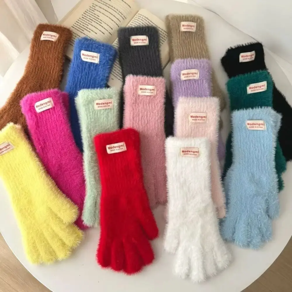 Korean Warm Winter Gloves Mink Fleece Soft Thick Knitted Gloves Full Finger Gloves Christmas Gift