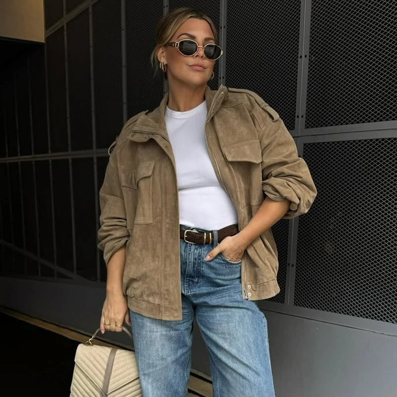 

Ticketsx женская замшевая свободная куртка в стиле ретро с воротником-стойкой и карманом на молнии, пальто с длинными рукавами, женская осенняя повседневная уличная куртка