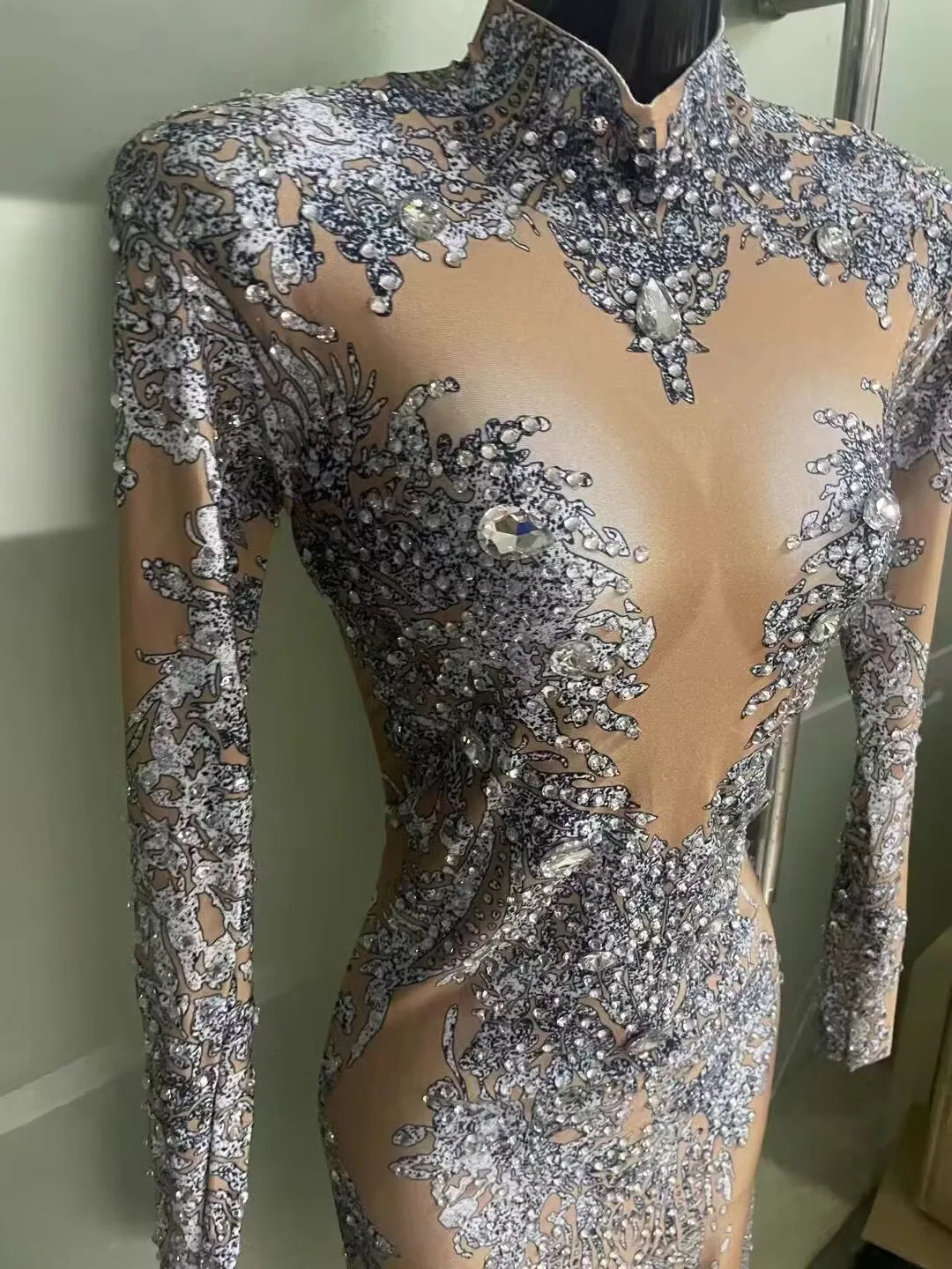 생일 여성 송 DJD 무대 의상 고공 섹시 페이크 미트 라인스톤 프린트 점프수트 공연 의상