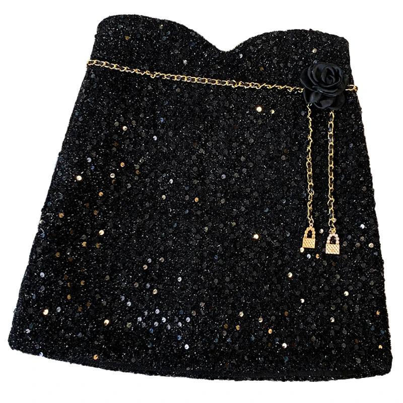 Stylish Sequins Mini Pencil Skirts For Women 2024 New Chic High Waist Woolen Fashion Elegant Ladies Skirt Ropa Mujer Korean Styl