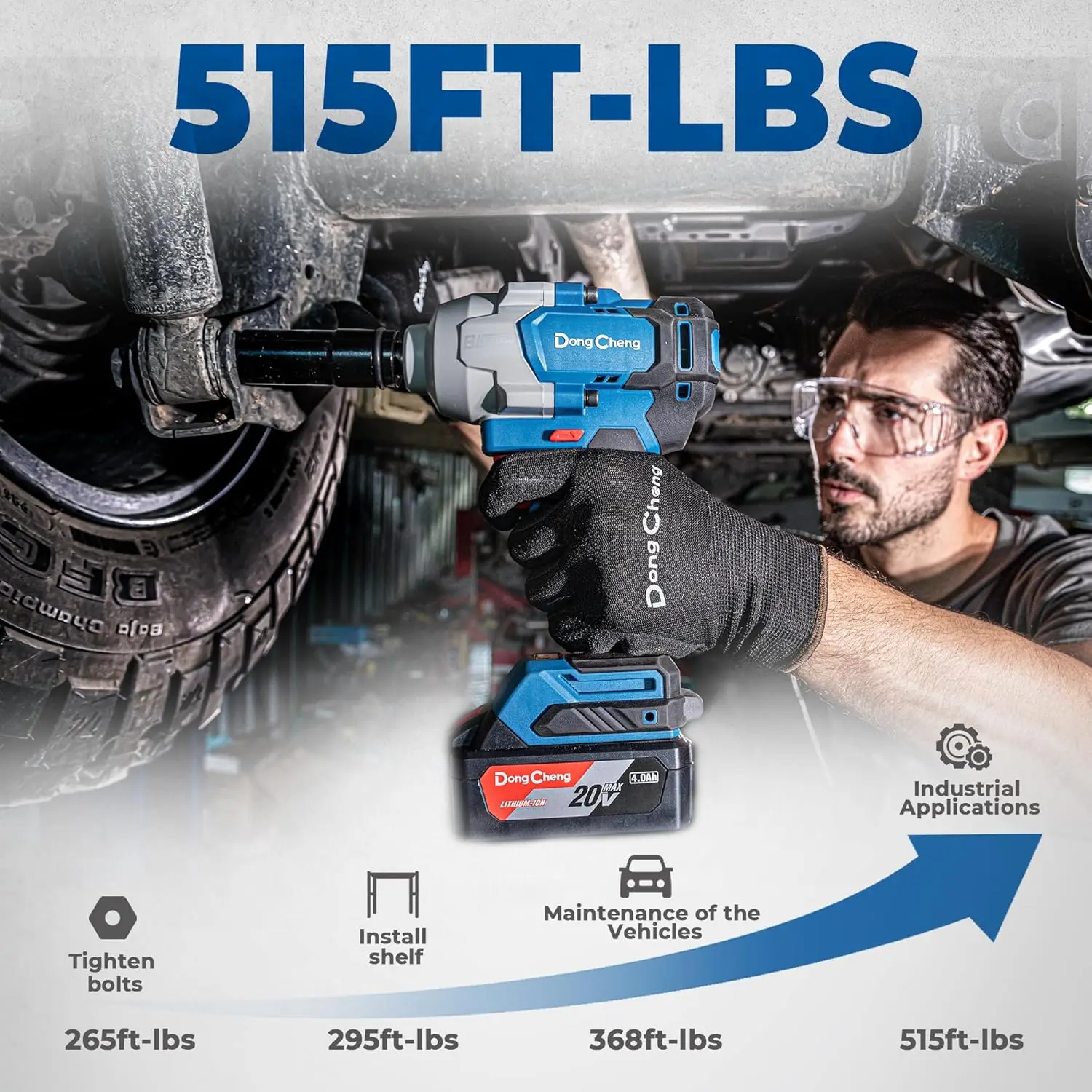 Dong Cheng 20V Brushless Impact Wrench, 515 Ft-Lbs High Torque, 1/2 Inch 4-Speed Cordless Impact Gun, Power Wrench For