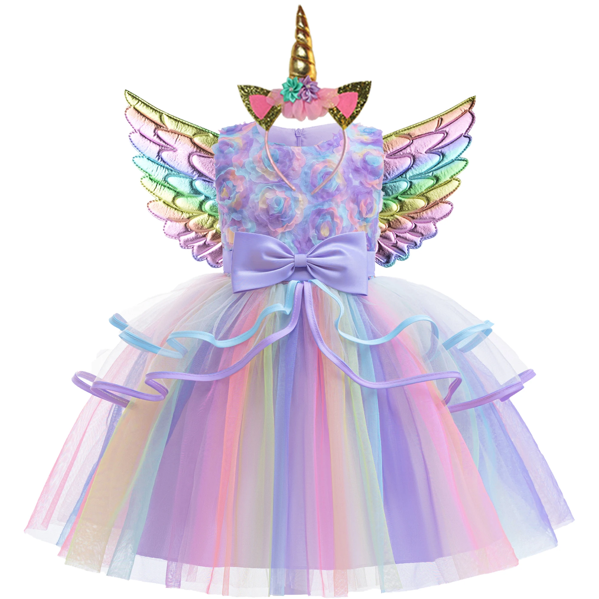 Purple Girl Unicorn Dress Cosplay Costume Rainbow Birthday Party Princess Dress Flower Wedding Christmas Prom Outfit Kids Clothe