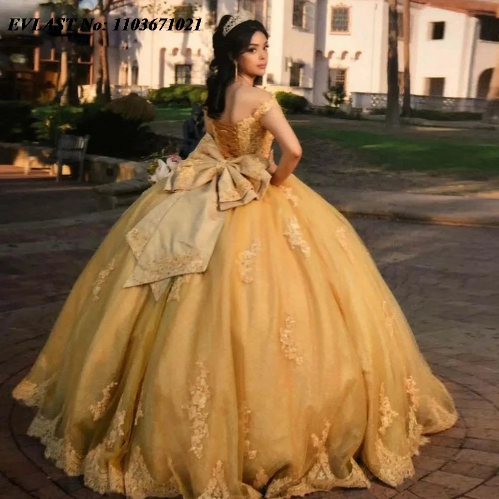 Evlast Prinses Goud Quinnceanera Jurk Baljurk Kant Applique Kralen Kristal Korset Mexican Sweet 16 Vestidos De 15 Anos Sq523