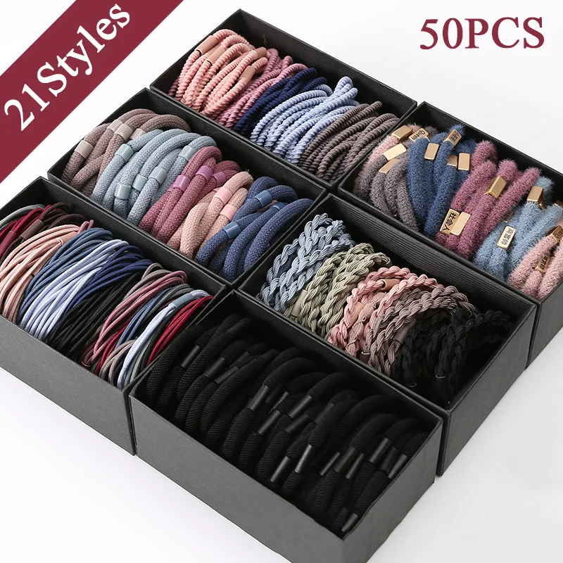 50PCS/Box Mix Colors Nylon 5CM Rubber Bands Women Safe Strong Elastic Hair Bands Ponytail Holder Girl Scrunchy Hair Accessories