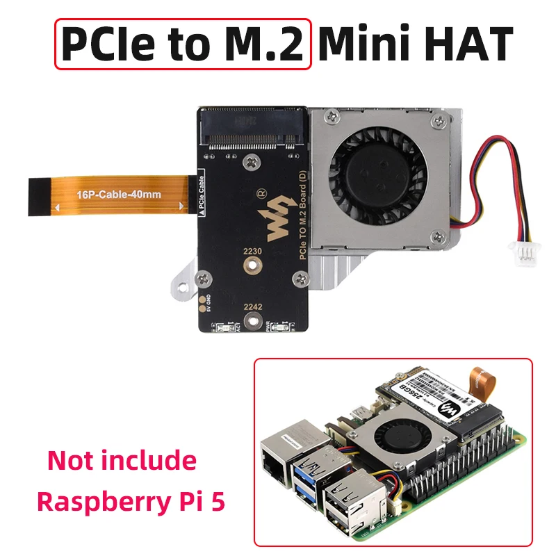 

PCIe To M.2 Adapter Board (E) with Cooling Fan for Raspberry Pi 5 Compatible With 2242/2230 Size NVMe M.2 SSD High-speed Reading