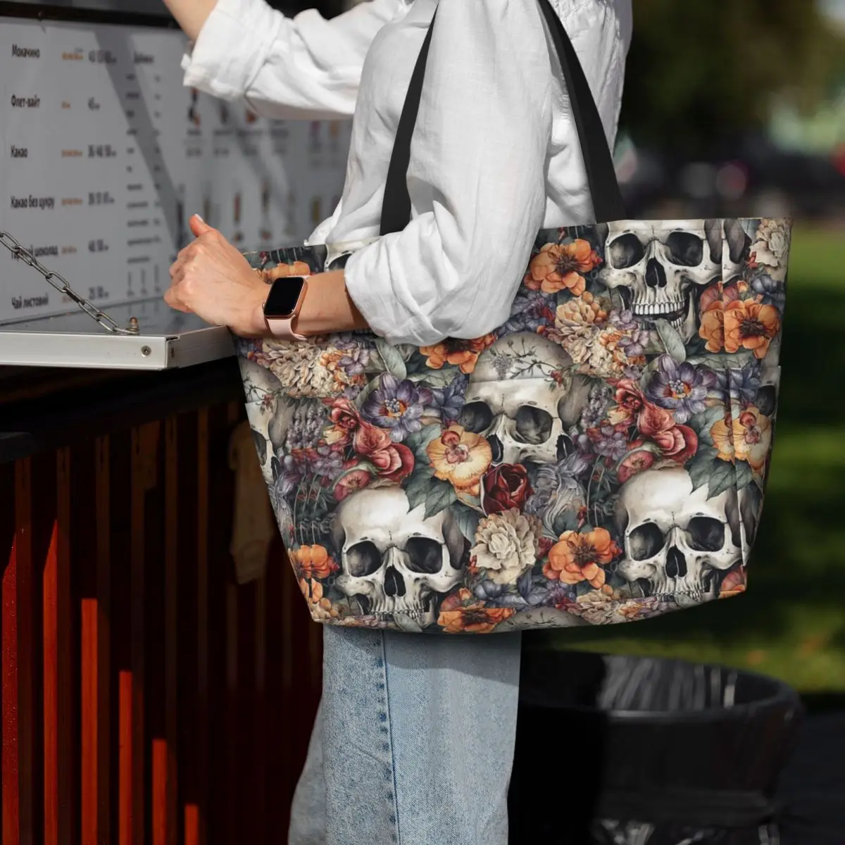 

Vintage Floral Skull Roses Beach Tote Bag Sport Gym Yoga Duffle Large Tote Bag Women Travel Bag Fitness bag