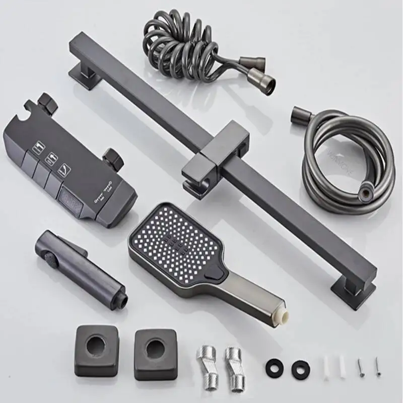 Set Keran Kamar Mandi Modern Sistem Full Grey 2 Jalur Tombol Piano Terpasang di Dinding Bahan Kuningan dengan Layar Digital untuk Bak Mandi