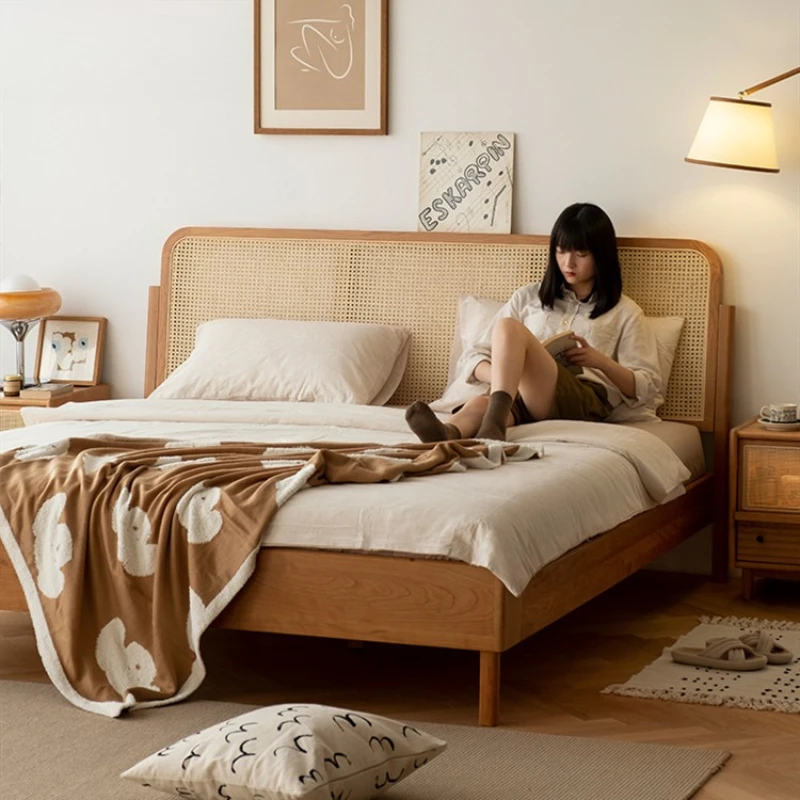 

Rattan solid wood bed Cherry wood Japanese furniture Nordic adjustable 1.8 double bed 1.5 meters retro