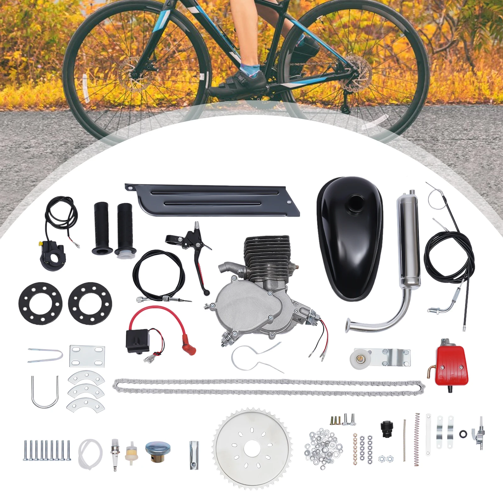 

100CC Bicycle Engine Kit, 2-Stroke Gas Motor Bike Kit, Air-Cooling, For Most 26" /28" Bikes, Black