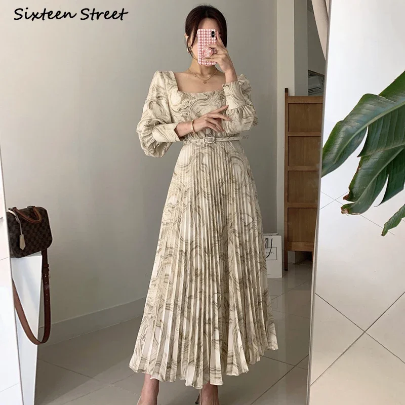 Printed Elegant Women Dress with Belt Spring  New Square Neck Party Dresses Vestidos Business Runway Vintage Clothing Chic