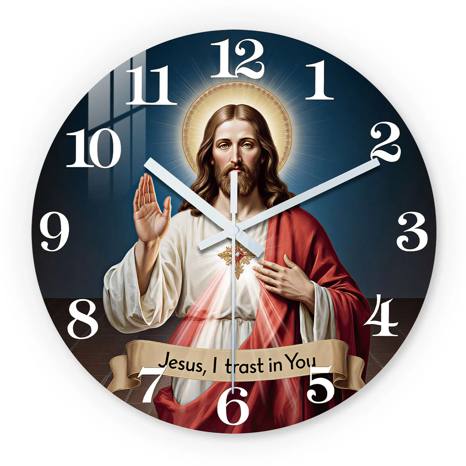 Jesus Sacred Heart Deep Blue Wooden Wall Clock, 10-24inch Silent Wall Clocks, Aa Battery Powered, Suitable for Living Room, Bedroom, Study Room, (Batteries Not Included) Easter, Mother's Day