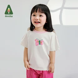 Amila 2024 Summer New Girls Wear Butterfly Wings Three-dimensional Decoration Cute Print Solid Color T-shirt 0-6Y