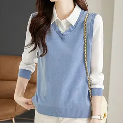 Pendeln Gerade Gefälschte Zwei Stück Polo-Neck Stilvolle Verstärktes Gestrickte Bluse Frühling Herbst Gedruckt Weibliche Einfarbig Koreanische Shirt