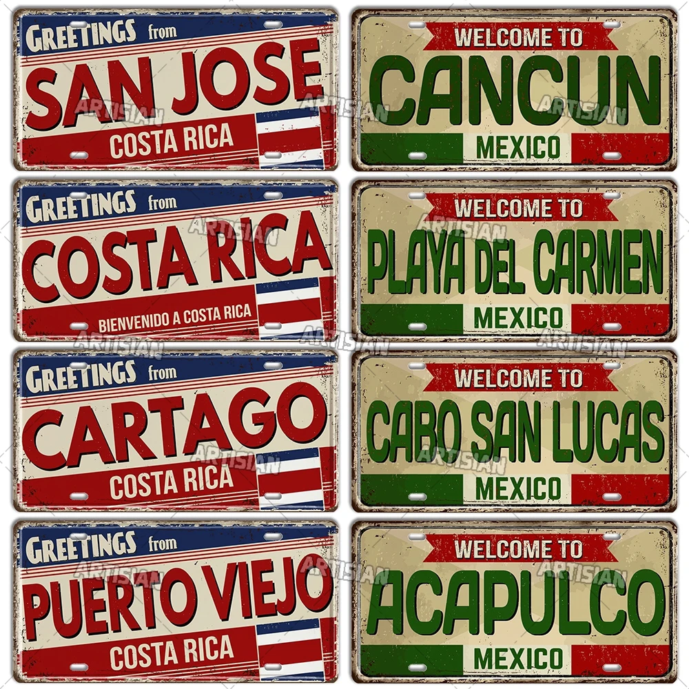 Artisian MEXICO COSTA RICO BELIZE Honduras Landmark License Plate City State Decorative Car Plate Latin America Metal Plaque