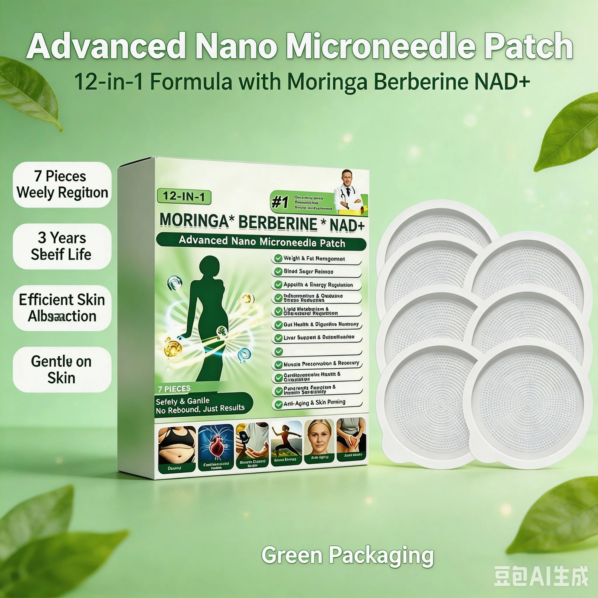 12-IN-1 Moringa Berberine NAD+ Nano Microneedle Patches Natural Gentle Absorbing Unisex Body Care for All Skin Types