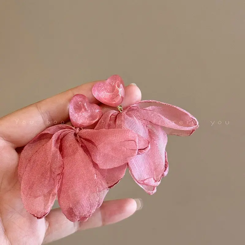 Sweet Mesh Fabric Flower Petal Love Heart Drop Earrings for Women Korean Temperament Versatile Summer Jewelry Party Gift