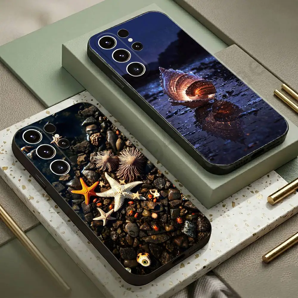 Ocean Elements Shellfish starfish Phone Case For Samsung S20,21,22,23,24,25,26 Ultra,Plus,Lite Black Soft Cover