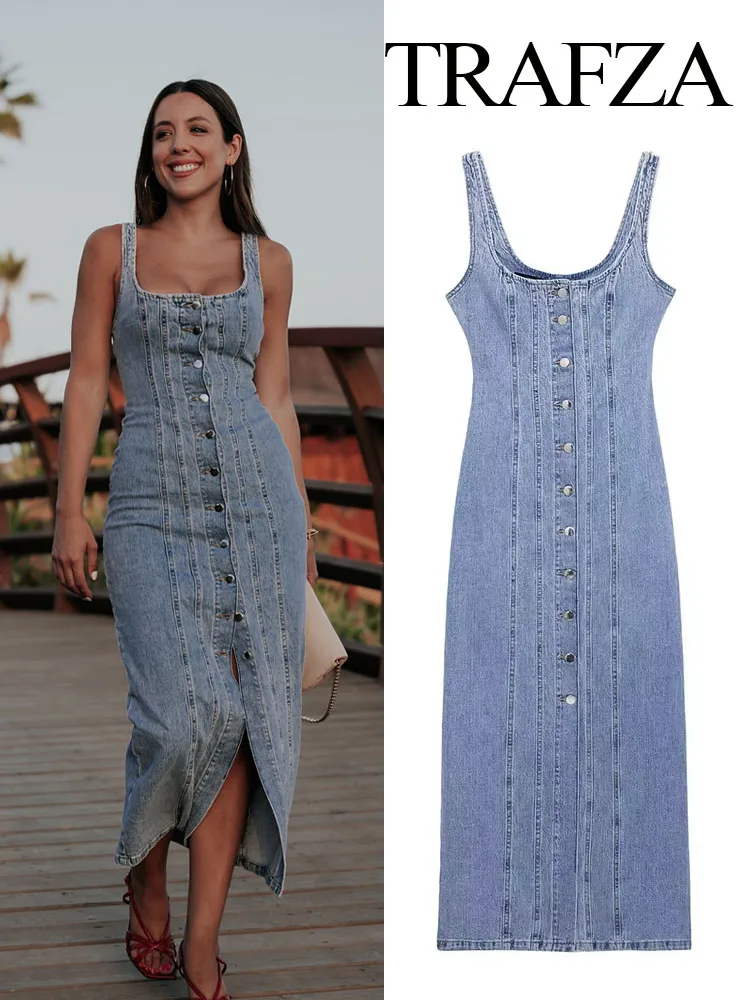

TRAFZA Female Summer High Street Long Dress Denim Blue O-Neck Sleeveless Single Breasted Decorate Slit Women Fashion Dresses