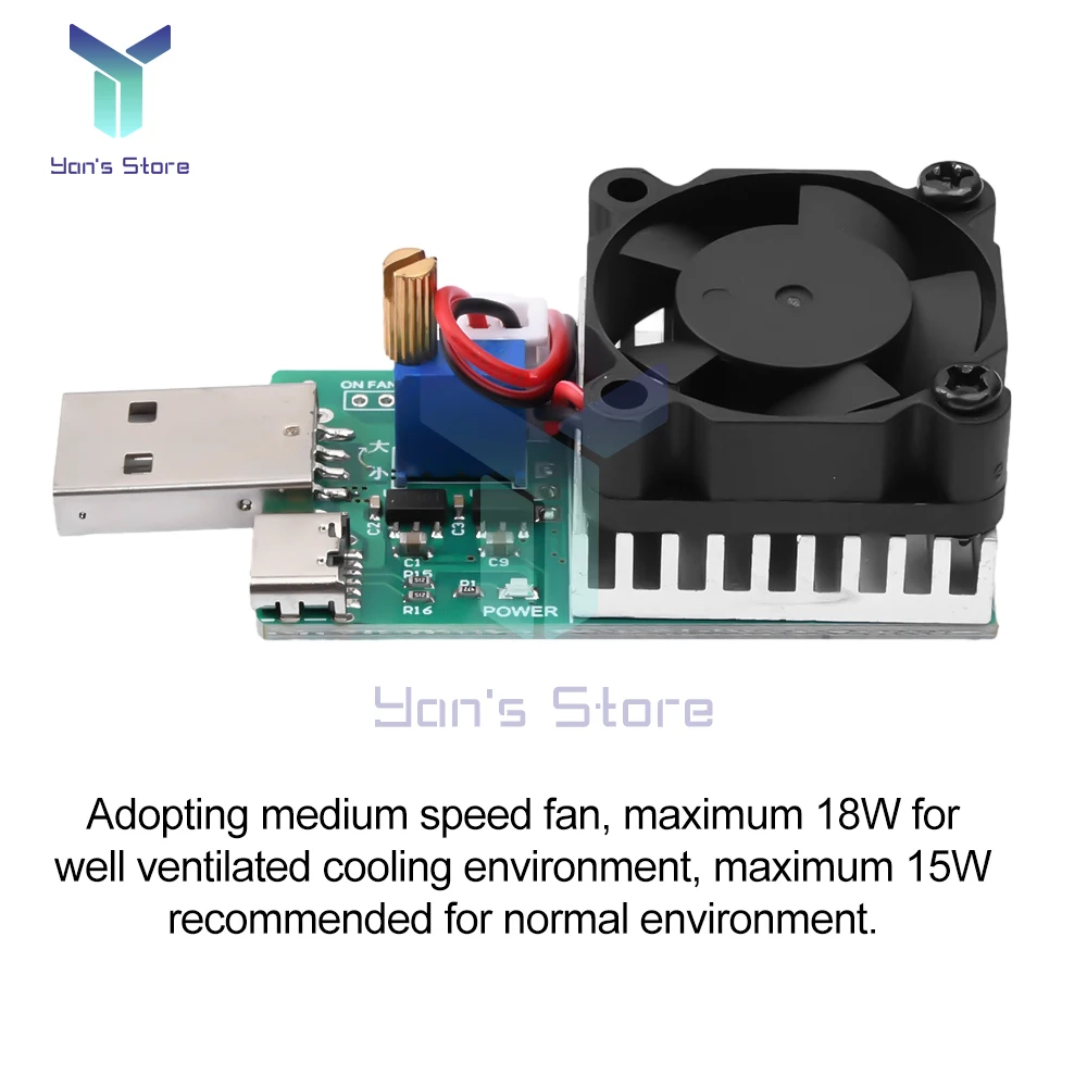 USB Load Tester Electronic Load Test Resistor Module 18W/22.5W USB/Type C Interface Adjustable Constant Current with Cooling Fan