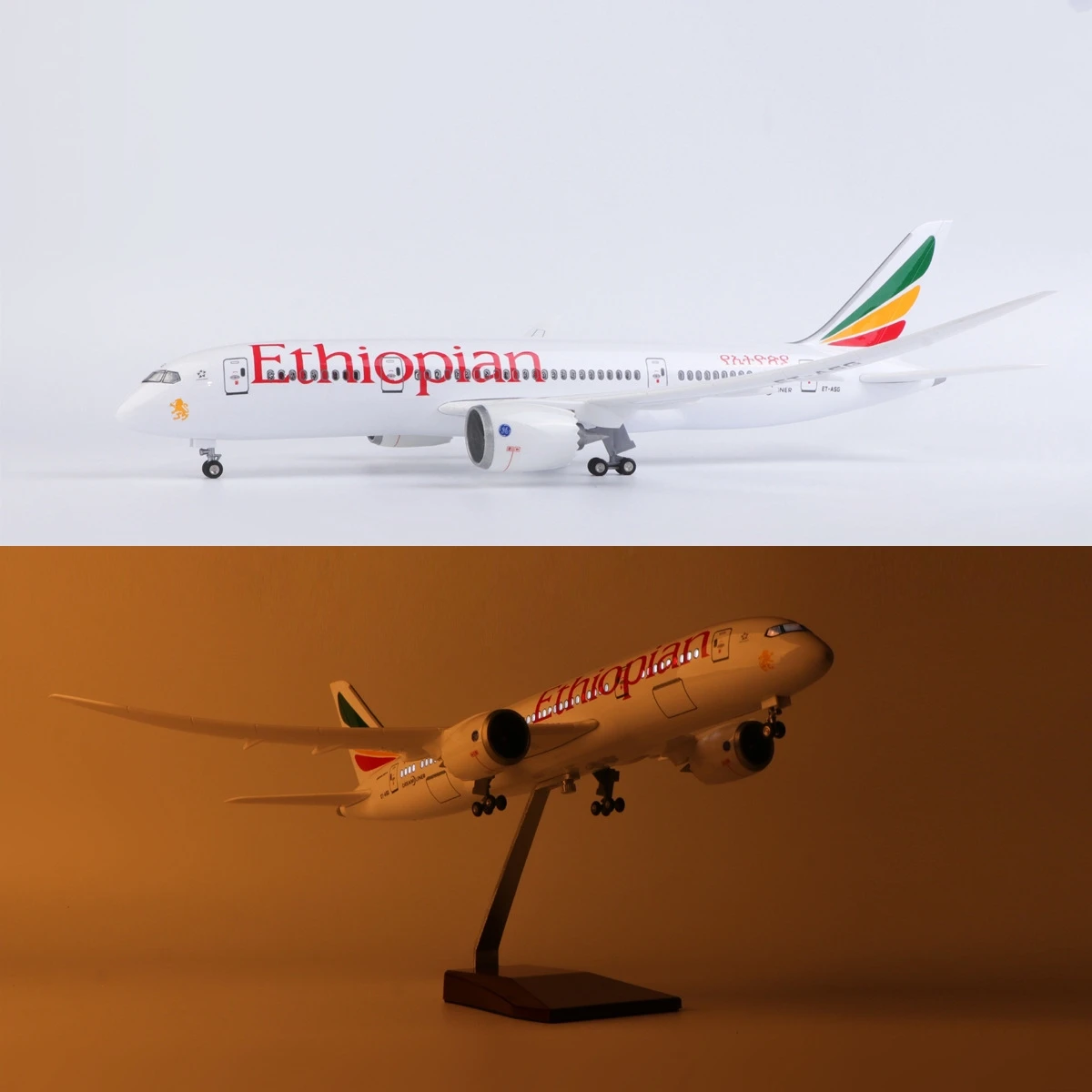 

1/130 Scale Model Airplane B787 Ethiopian Airlines 43cm Diecast Resin Aircraft With Lights And Stand Educational Toys Display