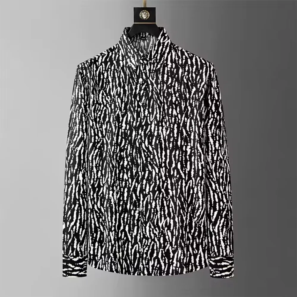 New Crown Printed Design Shirt Men's Long Sleeve Casual Shirt Light Luxury Fashion Pop Plus Men's Button Collar Shirt