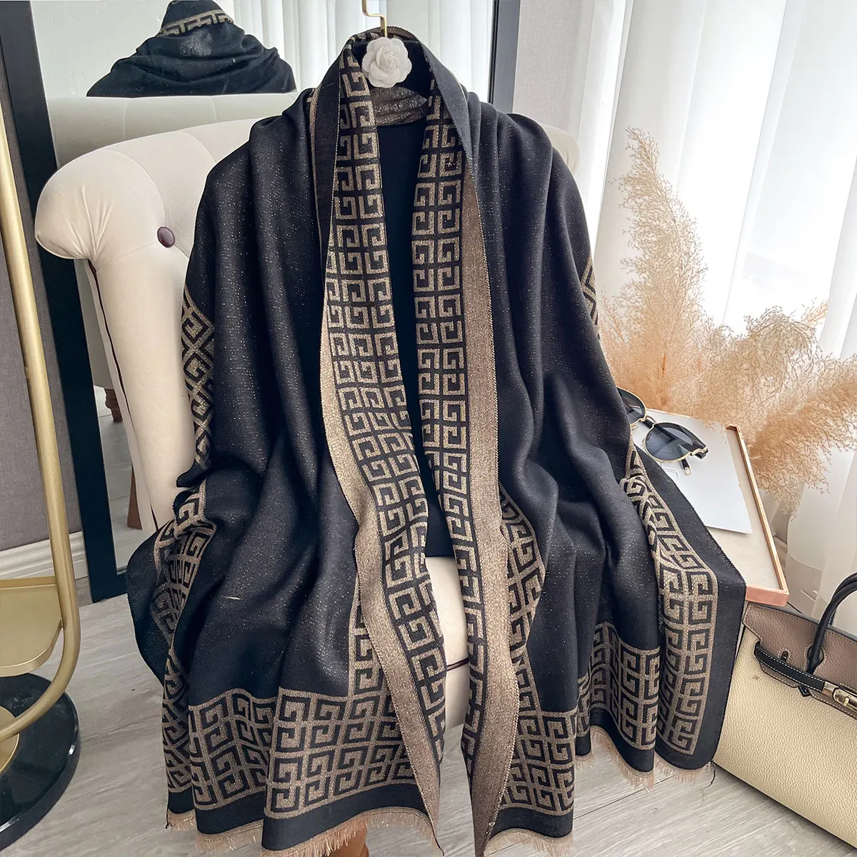 우아한 여성 무슬림 히잡 금사 장식 롱 스카프, 봄/가을 자외선 차단 스카프 장식 숄 랩 헤드스카프