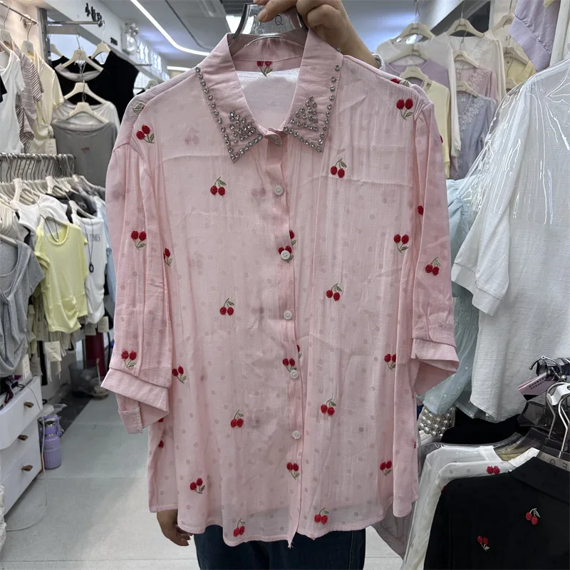 Fashionable Summer Long Sleeve Women Blouses Diamonds Turn-down Collar Loose Cardigans Top Embroidered Cherry Perspective Shirts