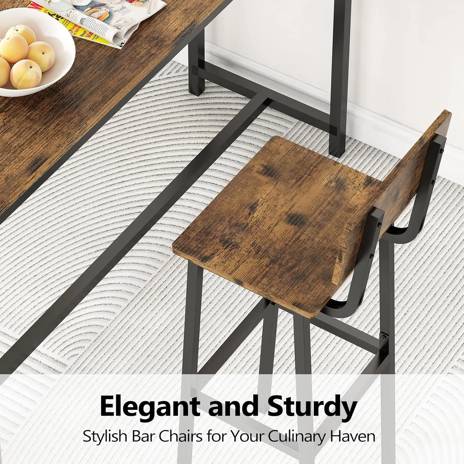 Industrial Bar Stools Set of 2 with Backrest and Footrest, Rustic Brown Counter Height Chairs for Kitchen Dining