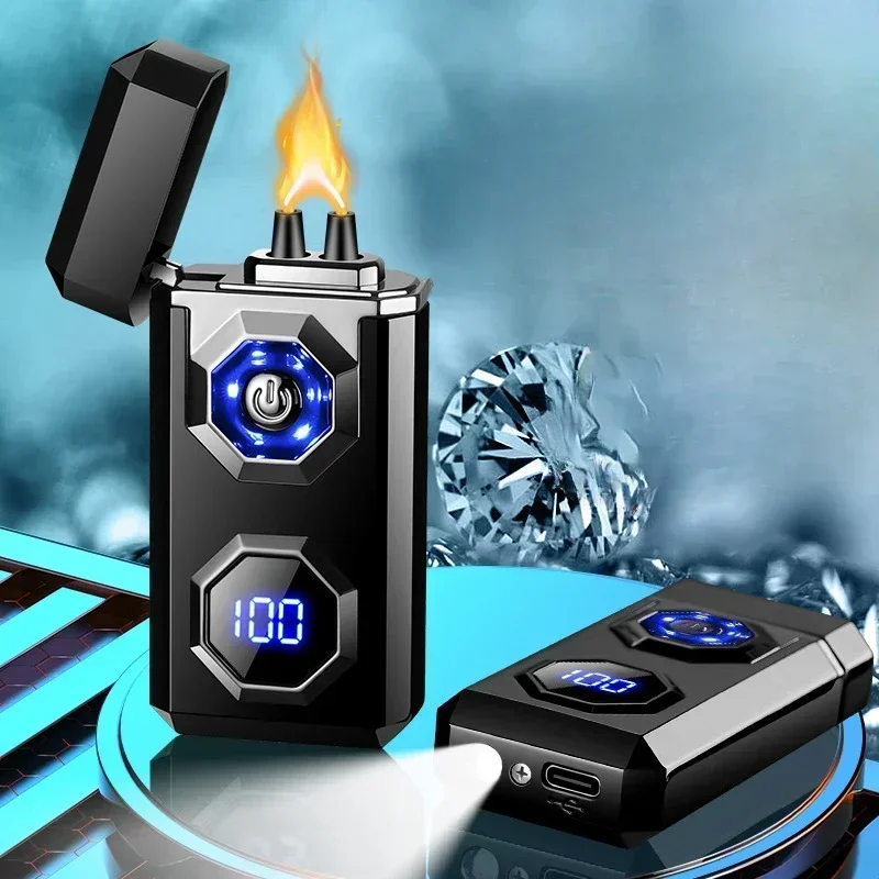 New Big Flame Electric Arc Metal Lighter Windproof LED Lighting Power Display Ignition Display Fast Charge Ignition Gadgets