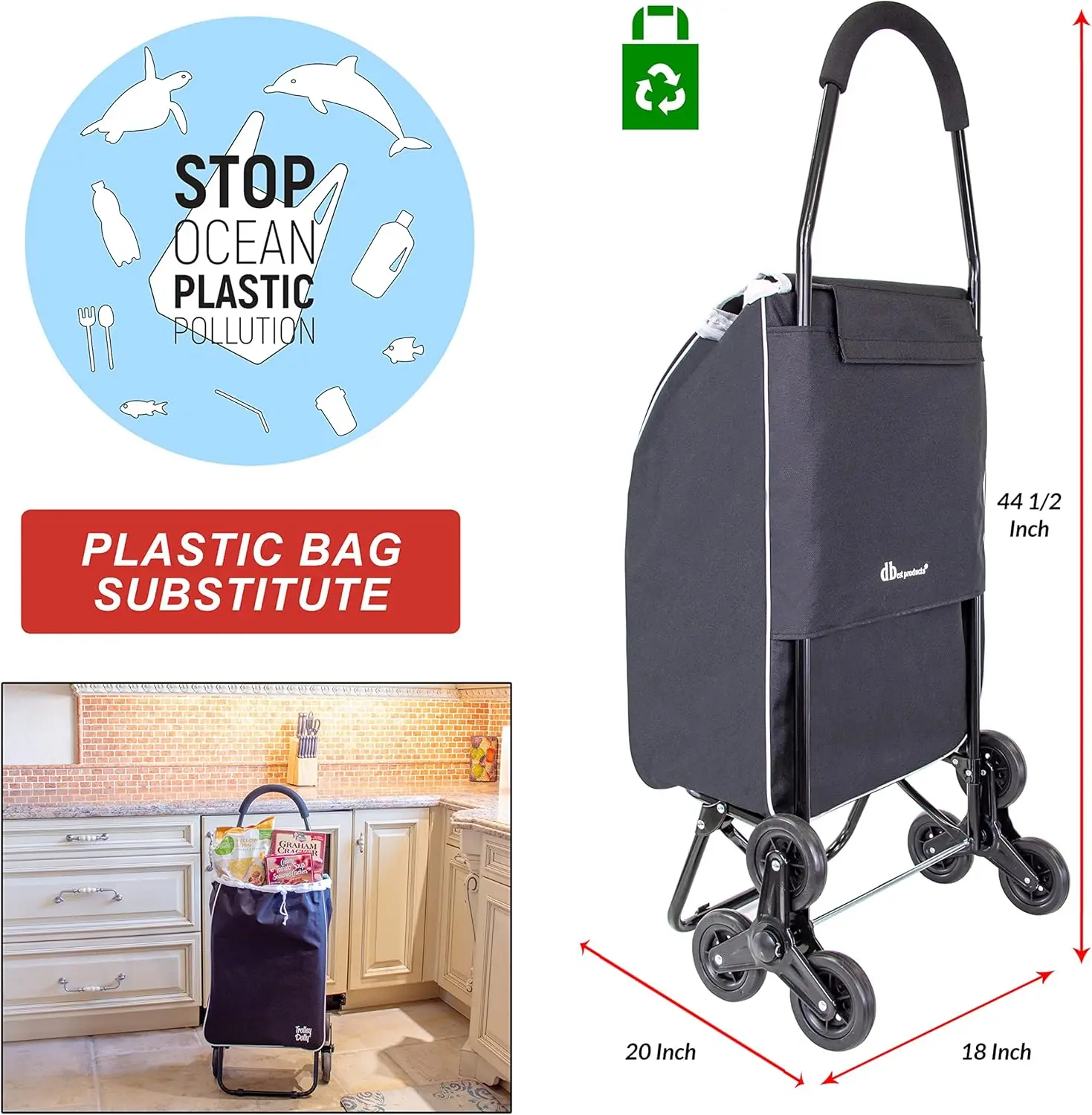 折りたたみ式食料品カート、階段昇降ホイール付き、取り外し可能なバッグとハンドトラック機能付き - 多用途ローリングトロリー（ブラック）