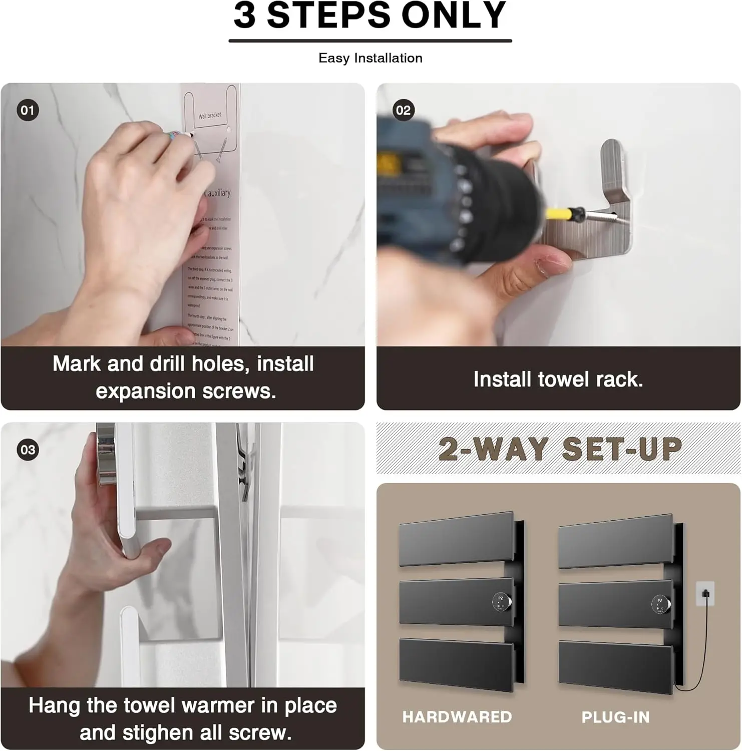 سخان المناشف الكهربائي K&KALONZO، 18.35 بوصة عرض × 22.8 بوصة ارتفاع سخان منشفة مثبت على الحائط مع مؤقت مدمج، حرب منشفة ألومنيوم مقاومة للماء