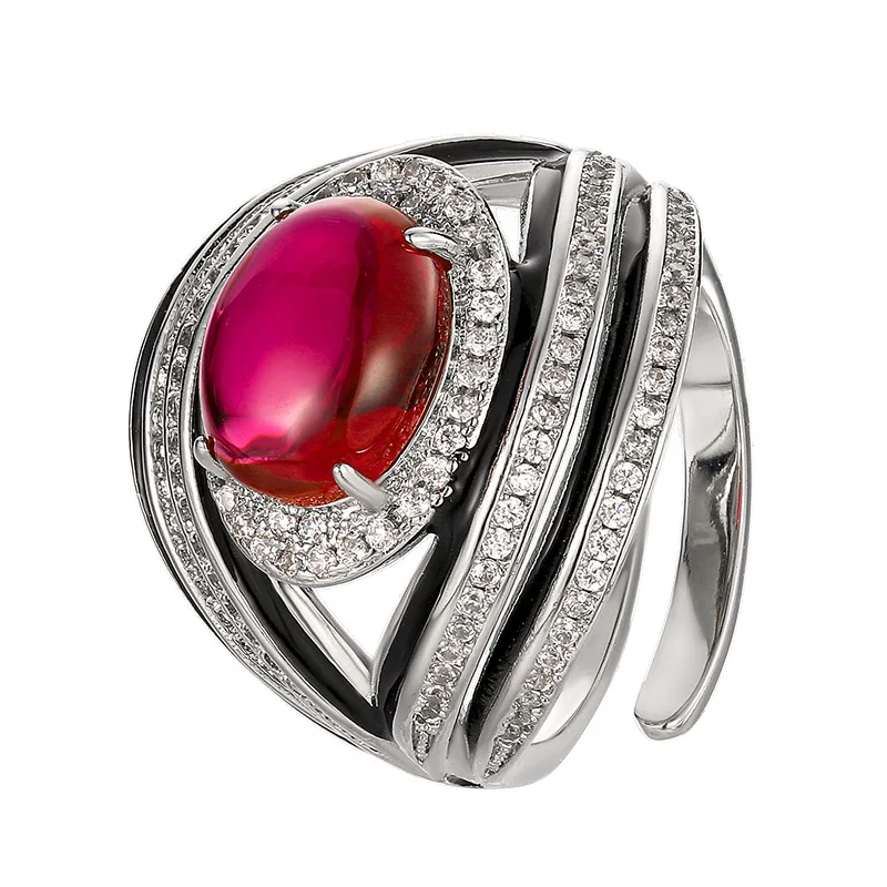 Jewelry Ring Oval Royal Blue Red Corundum Green Chalcedony Fashion Sense Women's Vintage High-end Feel