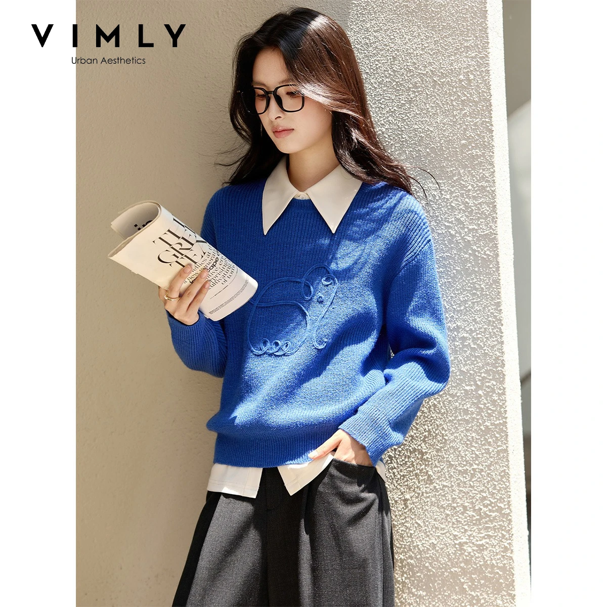 VIMLY Women's Blue 3D Elephant Jacquard Pullover Autumn 2026 New Wool Blend Round Neck Sweater Casual Loose-fit Knitwear 75128