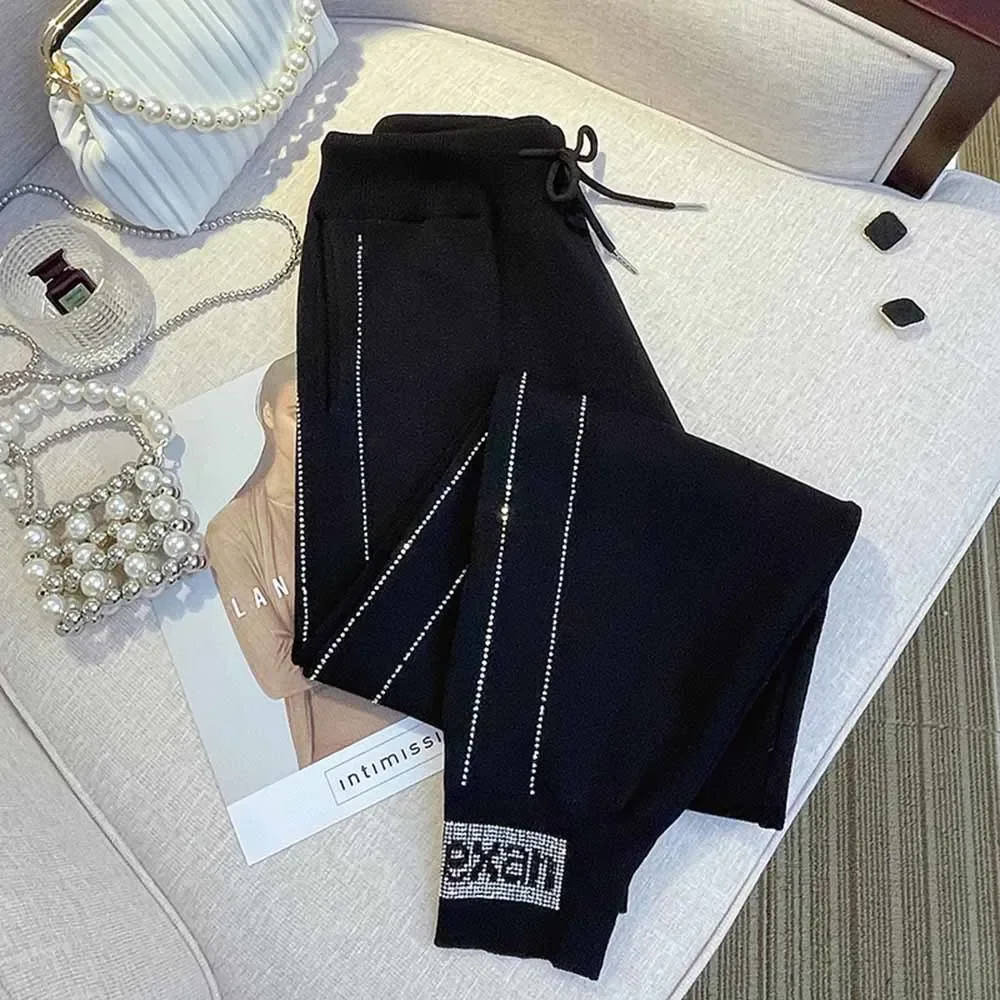 Hem Letter Rhinestones Sweatpants For Fall Drawstring Stretchy Sweater Pants Women Casual Black Harem Pants Thin Stretchy Pants