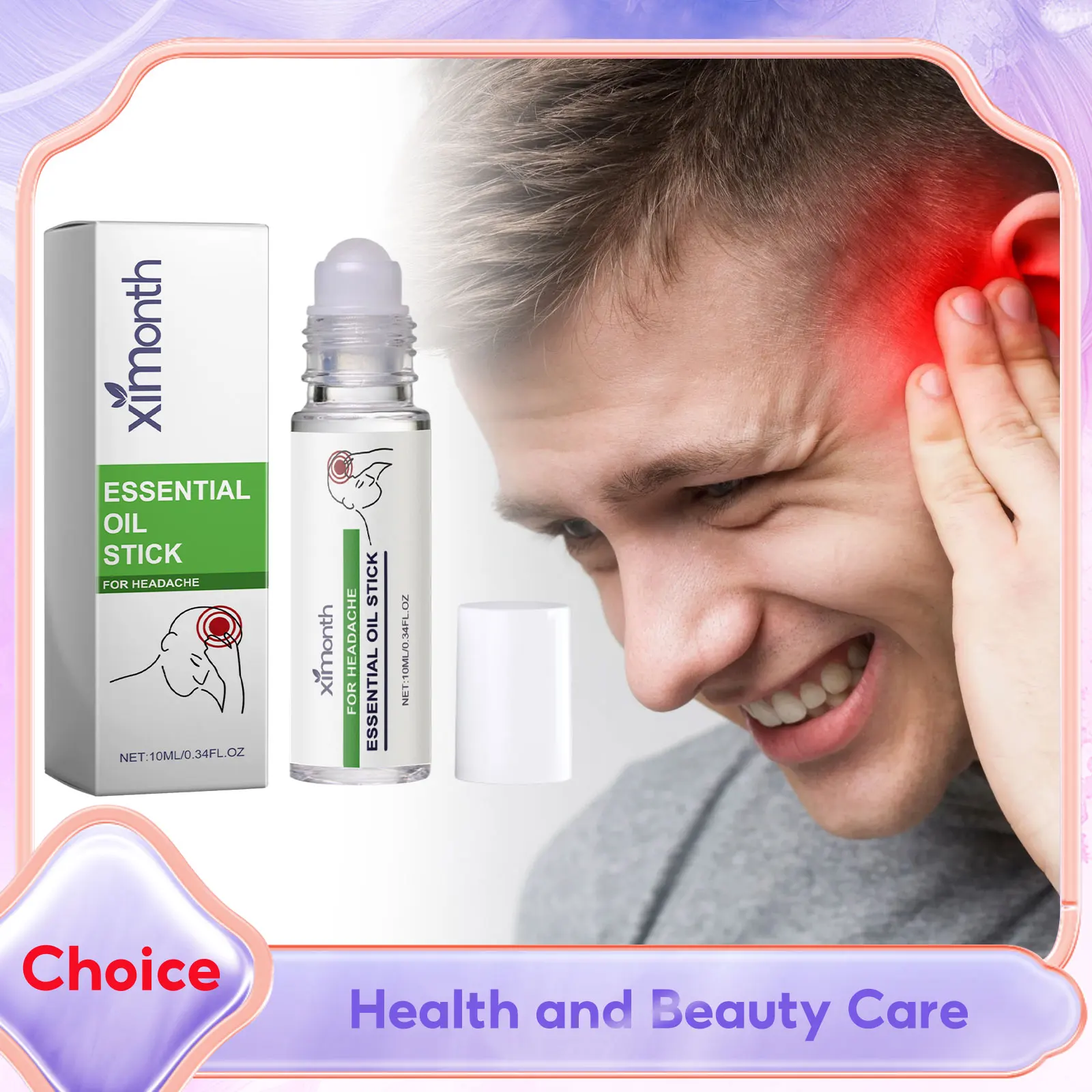 Headache Relief Essential Oil Roll on for Tension Dizziness Stress Pain Soothing Lavender Refreshing Calming Migraine Relief Oil