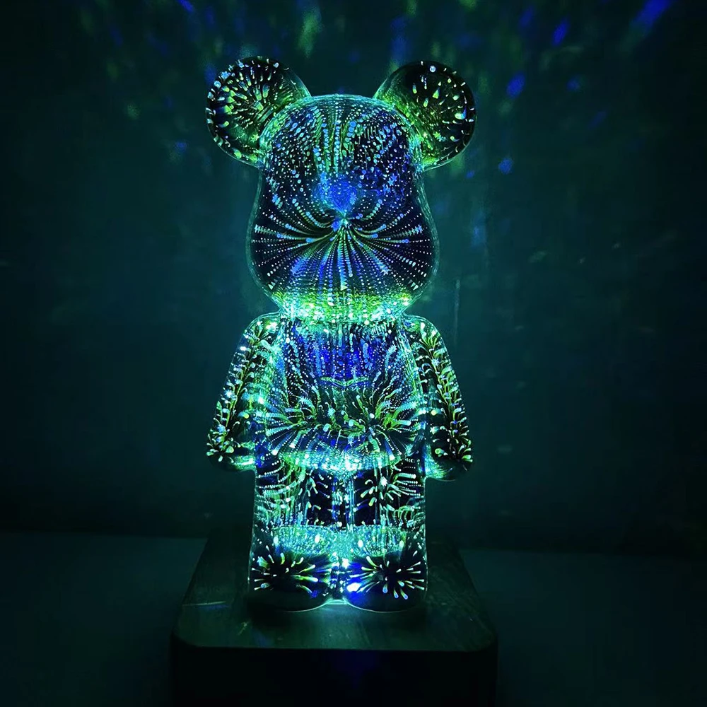 Creative LED Night Light 3D Glass Cute Bear Fireworks Lamps Bedroom Decoration Atmosphere Lamp Bedside Table Light