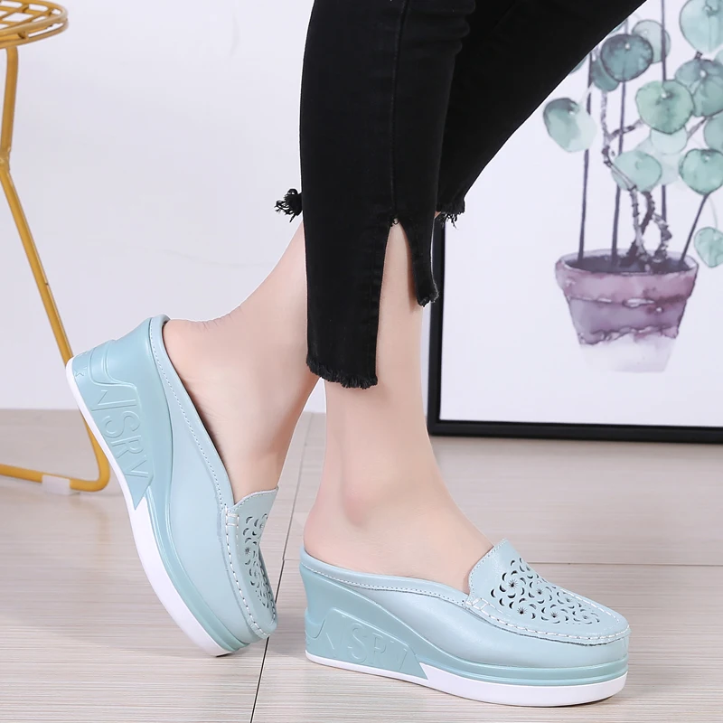 Women\'s shoes hollow single shoes leather thick soled elevating casual shoes platform shoes half drag flat waterproof platform