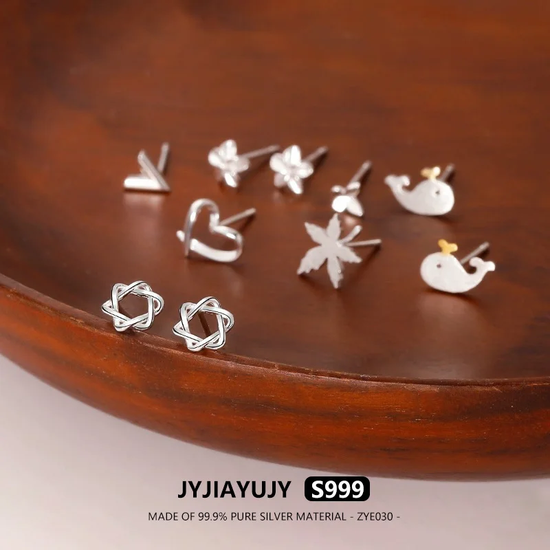 

JYJIAYUJY 100% Pure Silver S999 Stud Earrings 18 Different Style Available Flower Heart Star Shape Hypoallergenic Jewelry ZYE030